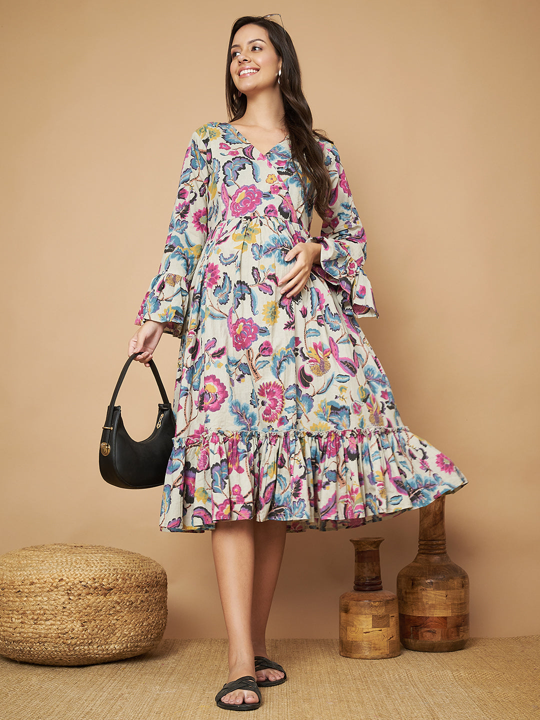 Women Floral Print Bell Sleeve Maternity Fit & Flare Maxi Dress