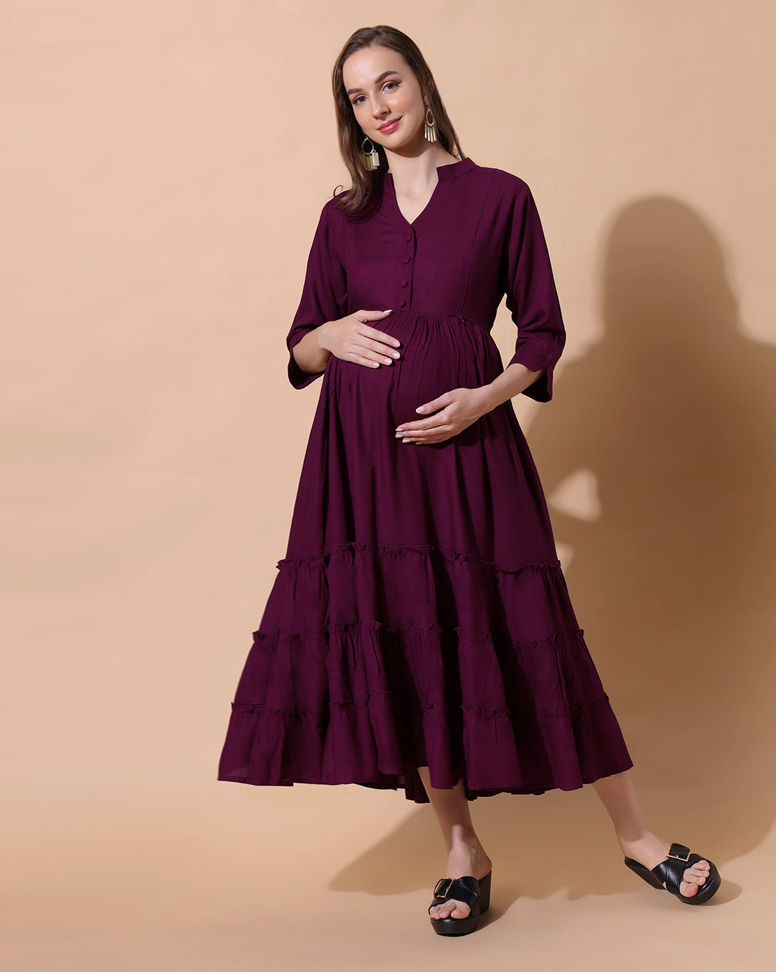 Mandarin Collar Tiered Detail Maternity Fit and Flare Midi Dress