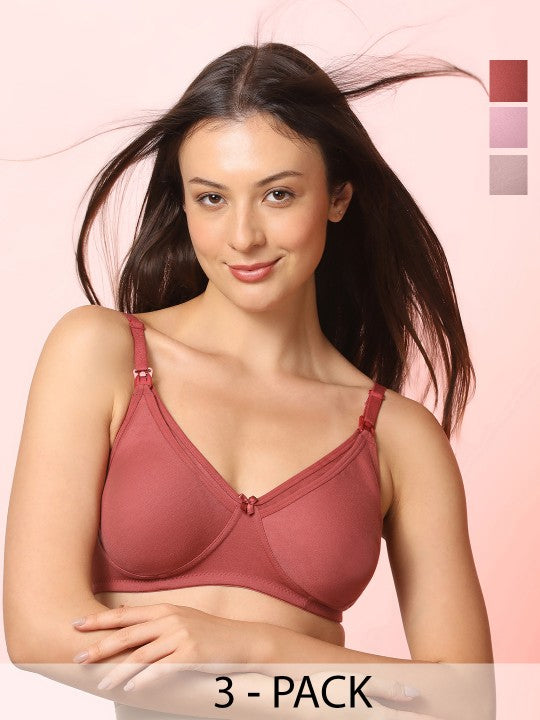 Pack Of 3 Aanyor Maternity & Nursing Bra – Wire-Free | Soft Cotton | Feeding Access