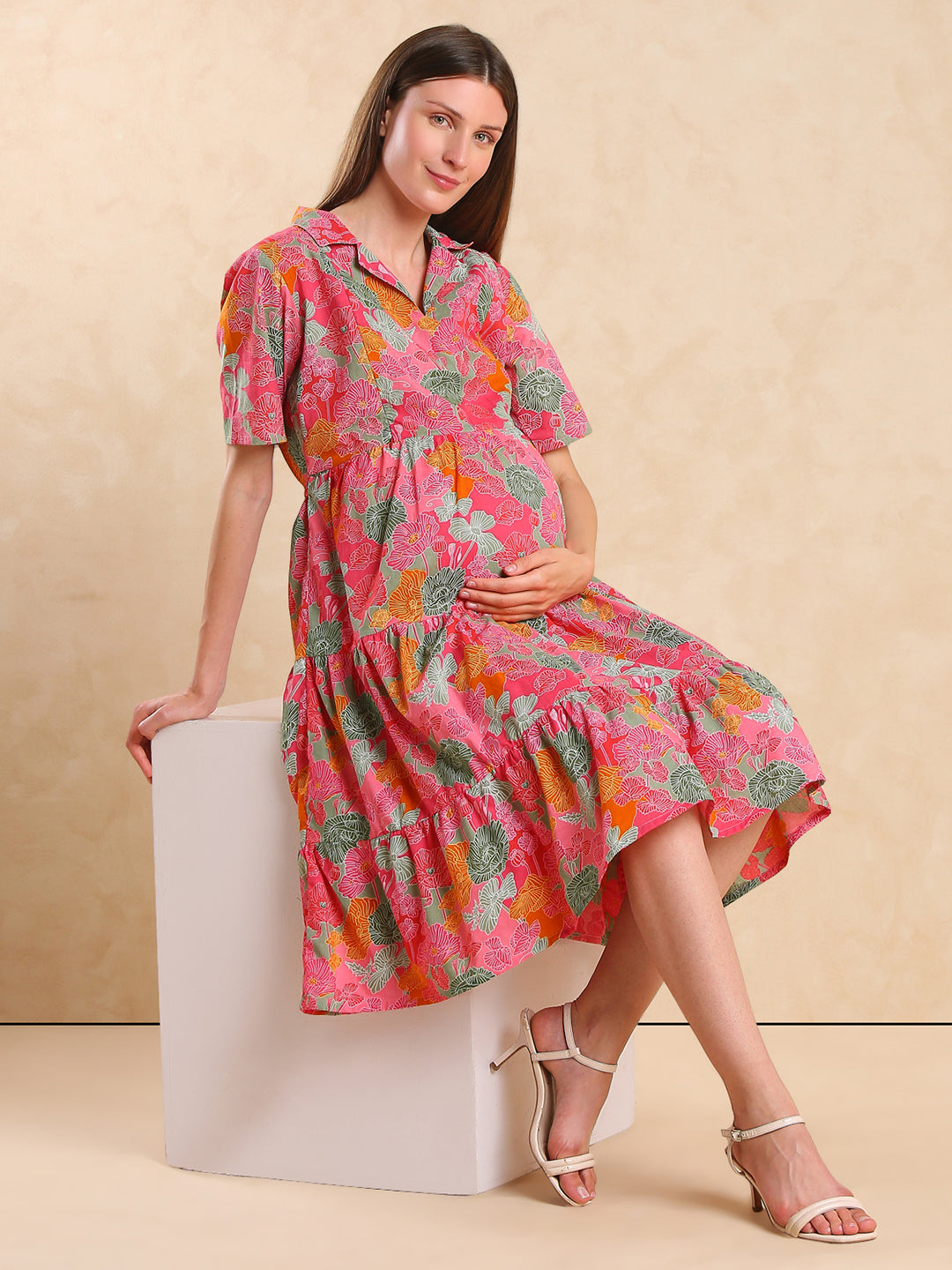 Women Cotton Floral Printed Maternity Fit & Flare Dress