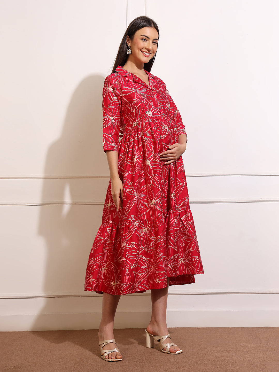 Printed Maternity Dress with Hidden Zipper – Ideal for Baby Shower & Photoshoots