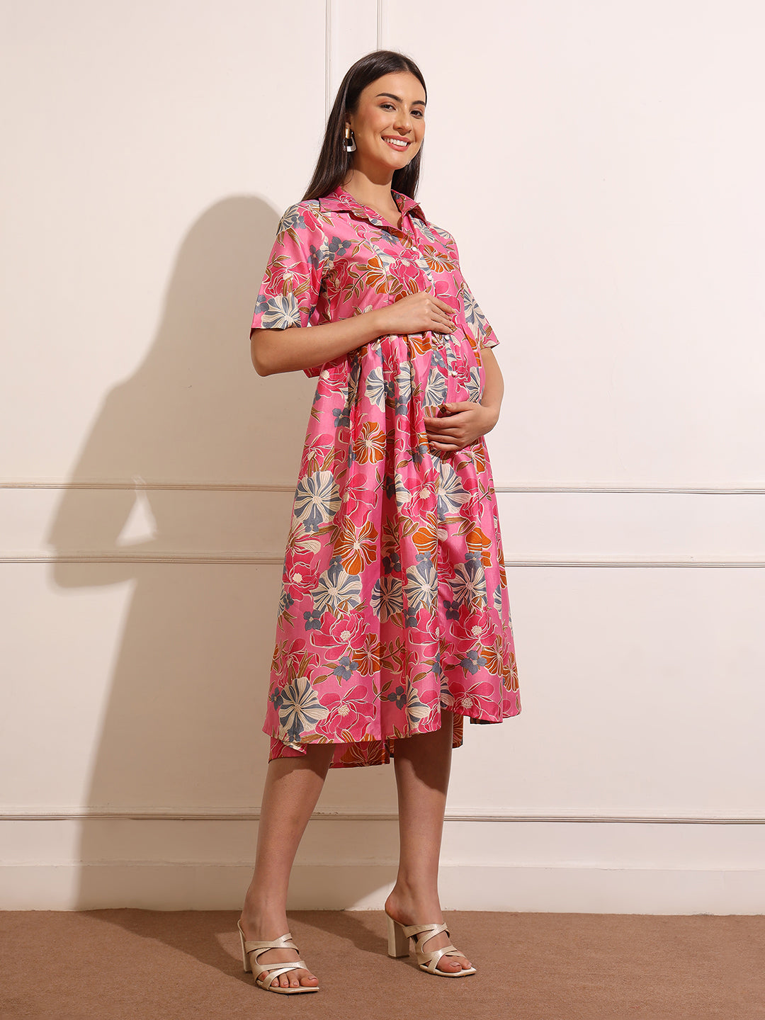 Women Floral Printed Gathered or Pleated Maternity Shirt Dress