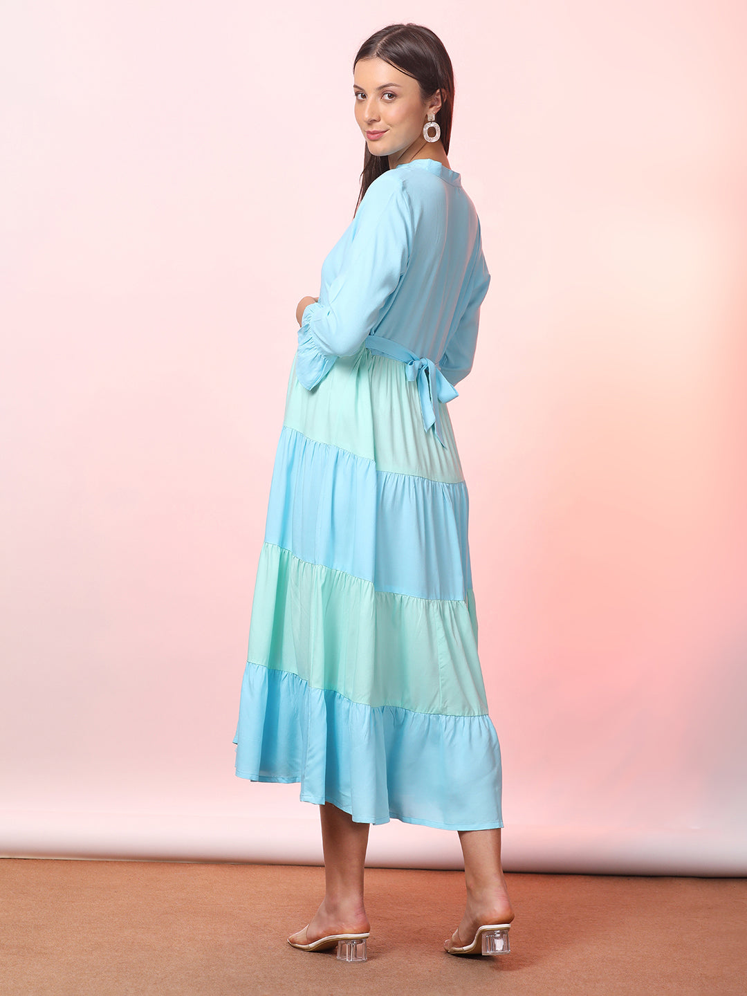 Women Maternity V Neck Bell Sleeve Tiered Fit & Flare Maxi Dress