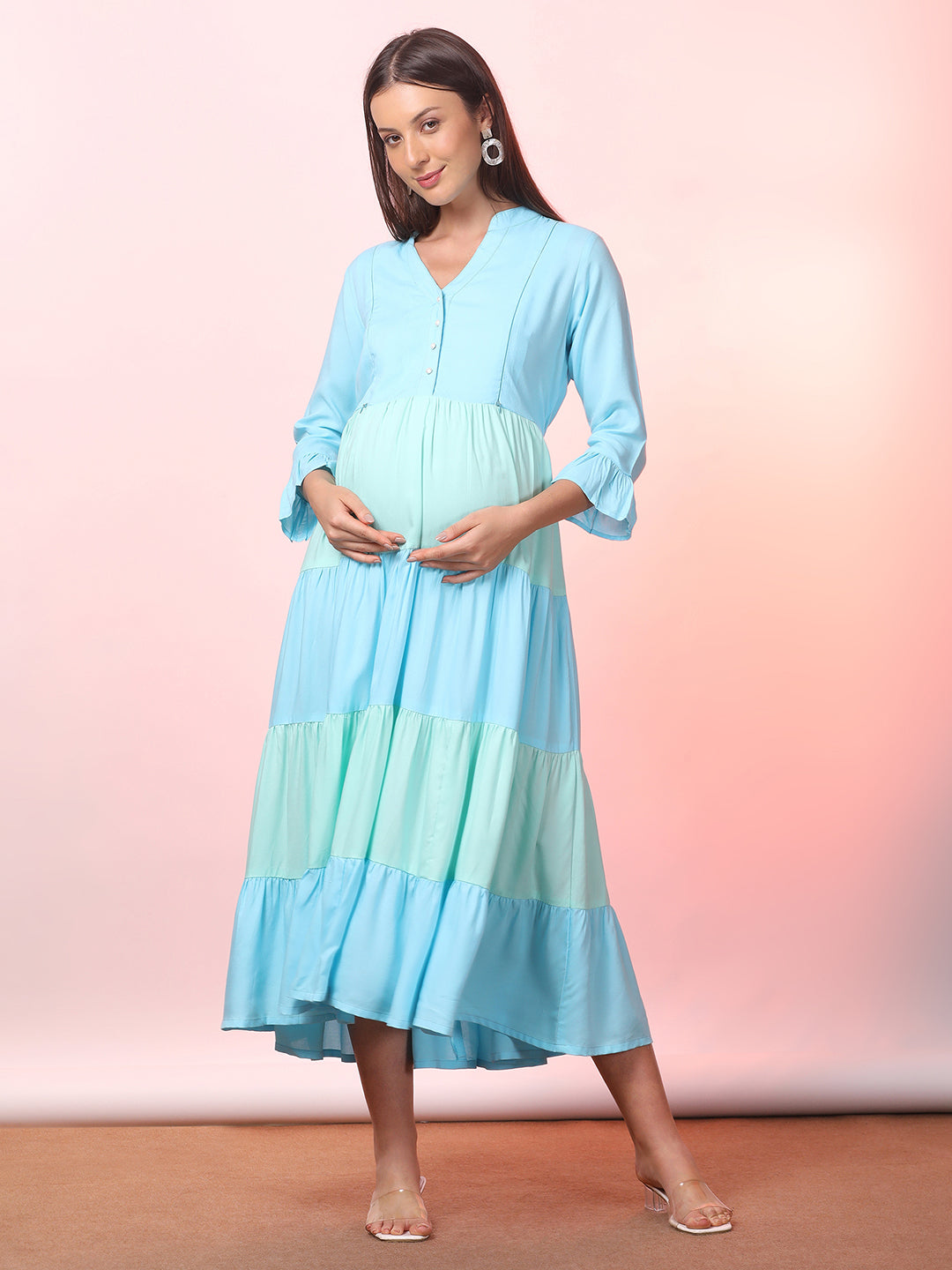 Women Maternity V Neck Bell Sleeve Tiered Fit & Flare Maxi Dress