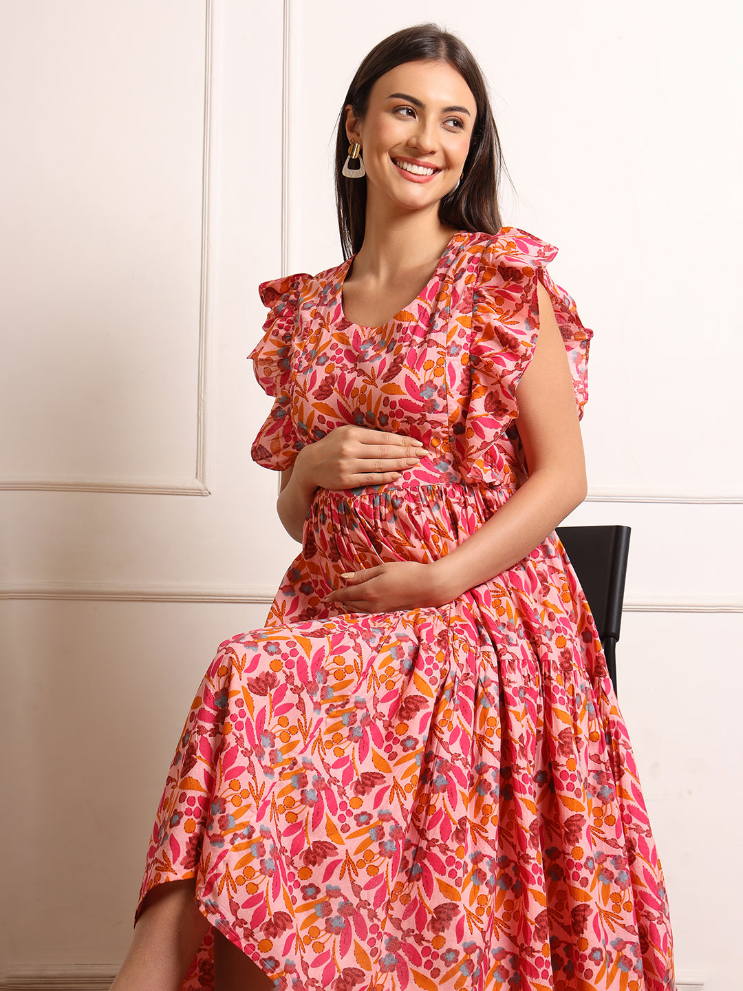 Women Floral Print Flared Sleeve Maternity Fit & Flare Midi Dress