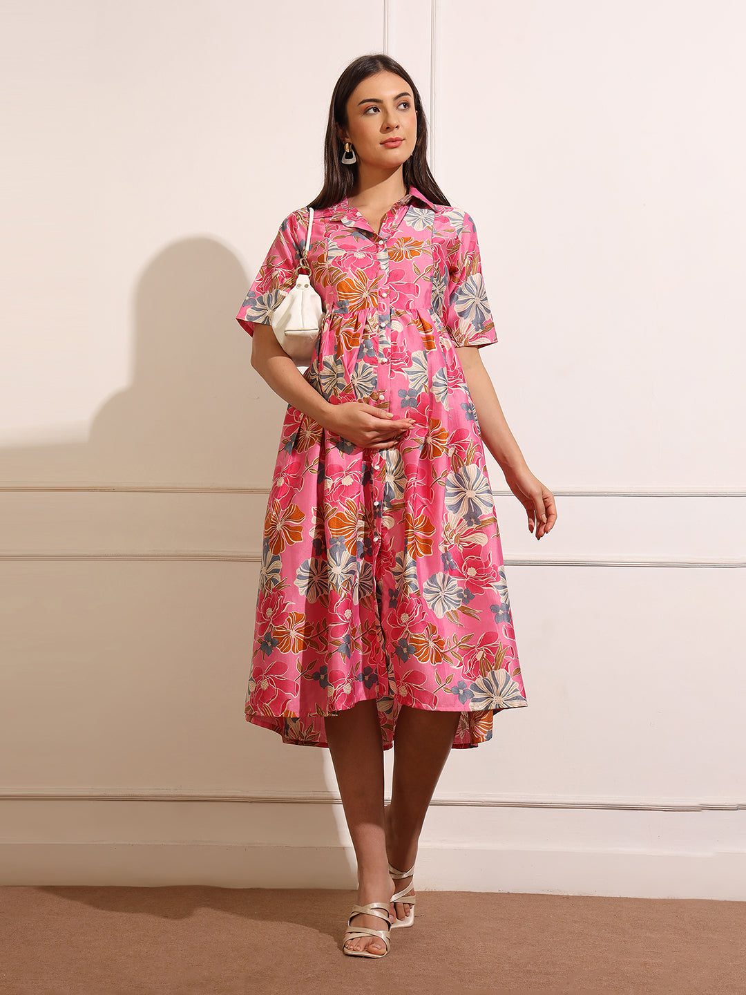 Women Floral Printed Gathered or Pleated Maternity Shirt Dress