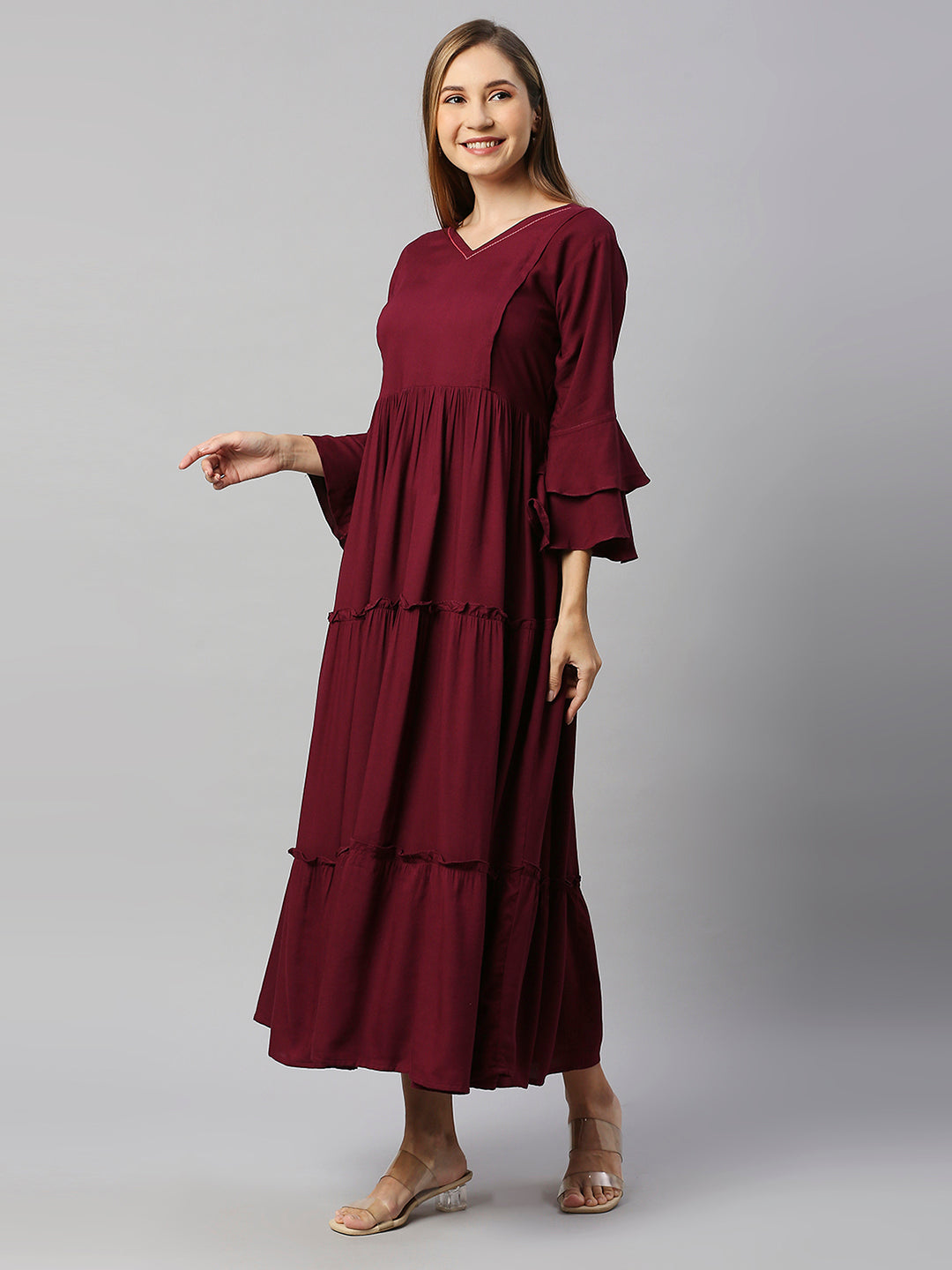 V Neck Bell Sleeve Tiered Maternity Fit & Flare Midi Dress