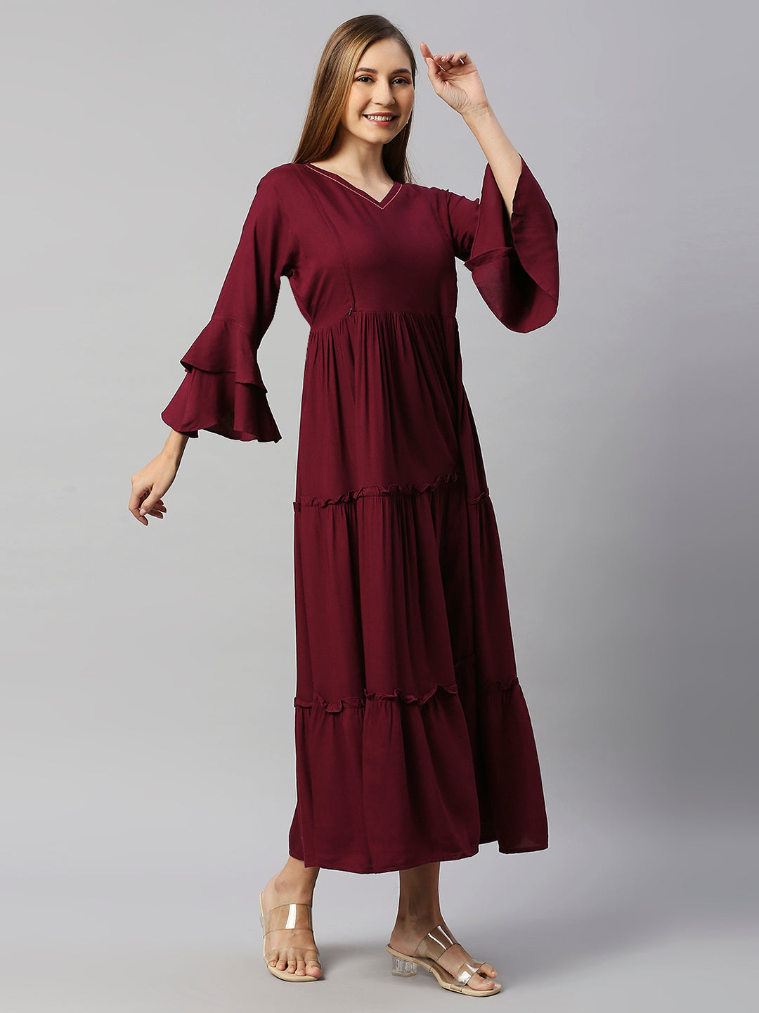 V Neck Bell Sleeve Tiered Maternity Fit & Flare Midi Dress