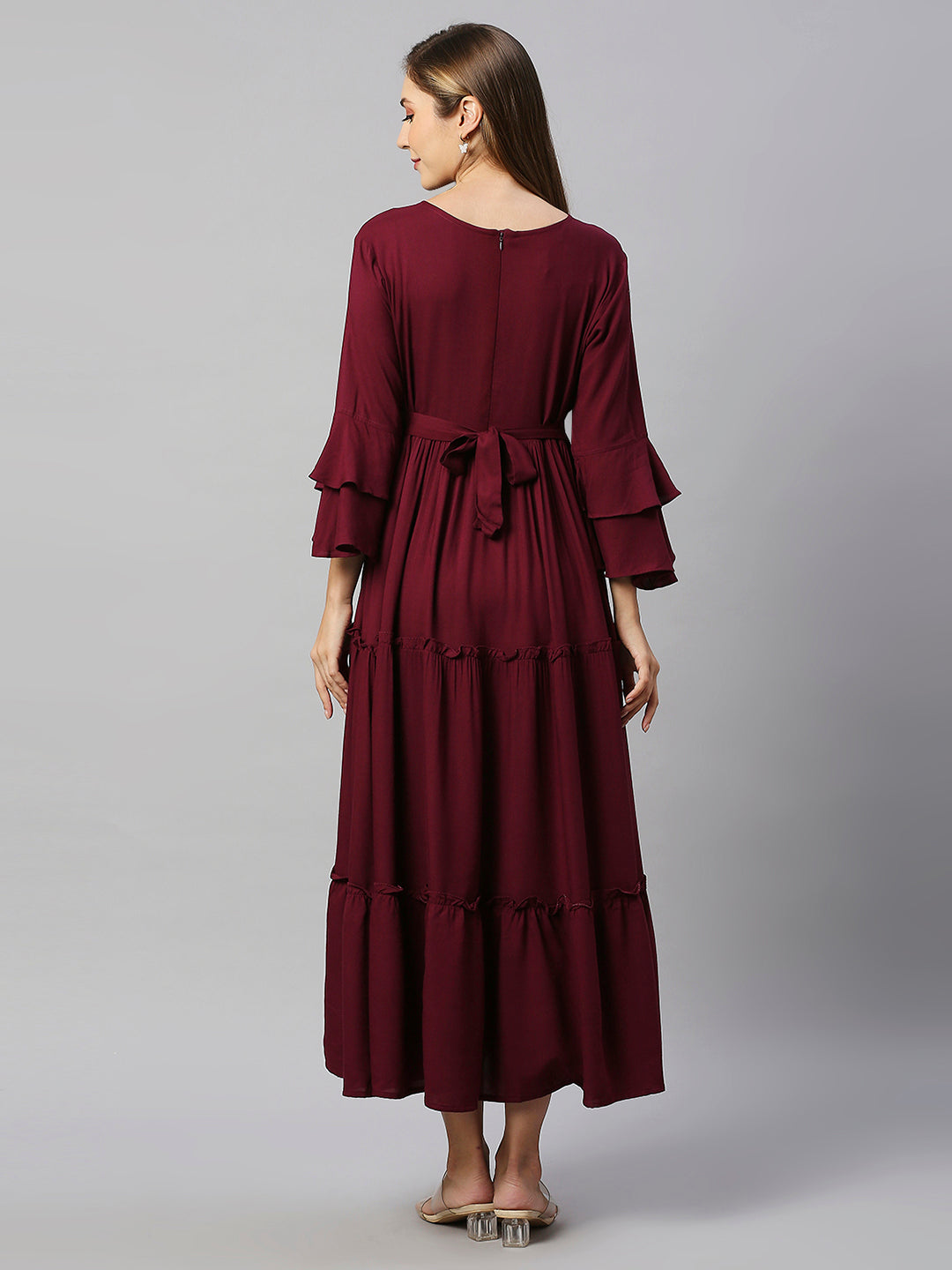 V Neck Bell Sleeve Tiered Maternity Fit & Flare Midi Dress