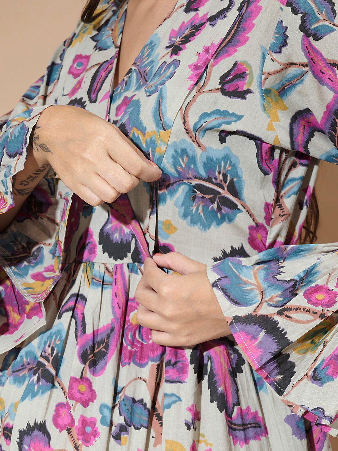 Women Floral Print Bell Sleeve Maternity Fit & Flare Maxi Dress