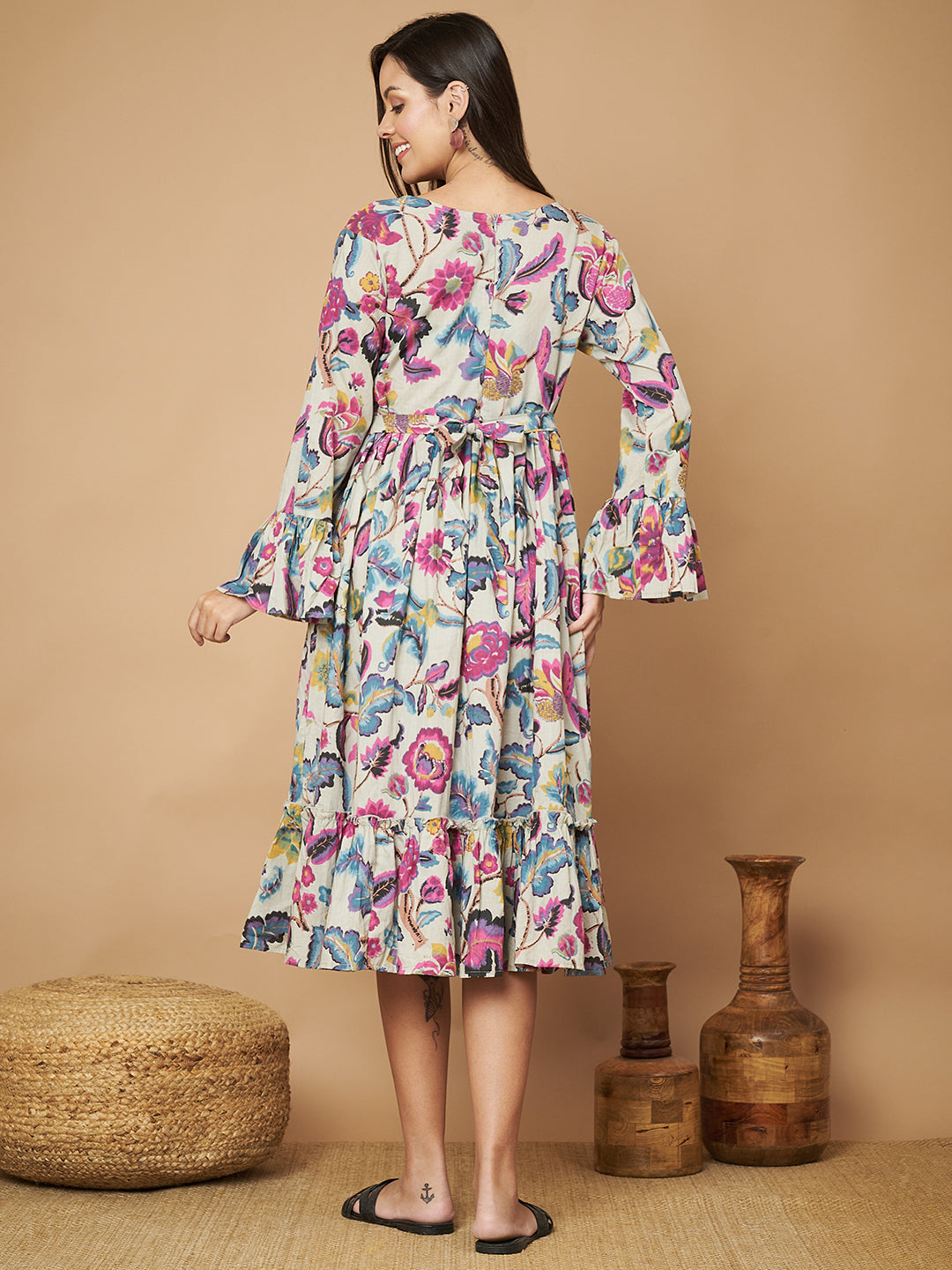 Women Floral Print Bell Sleeve Maternity Fit & Flare Maxi Dress