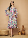Women Floral Print Bell Sleeve Maternity Fit & Flare Maxi Dress