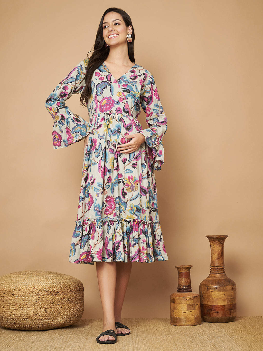Women Floral Print Bell Sleeve Maternity Fit & Flare Maxi Dress