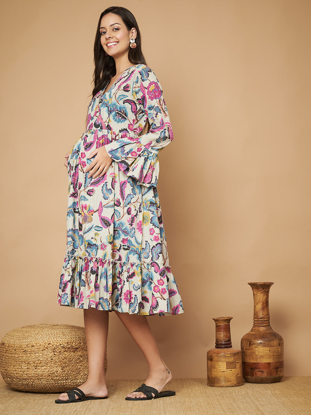 Women Floral Print Bell Sleeve Maternity Fit & Flare Maxi Dress