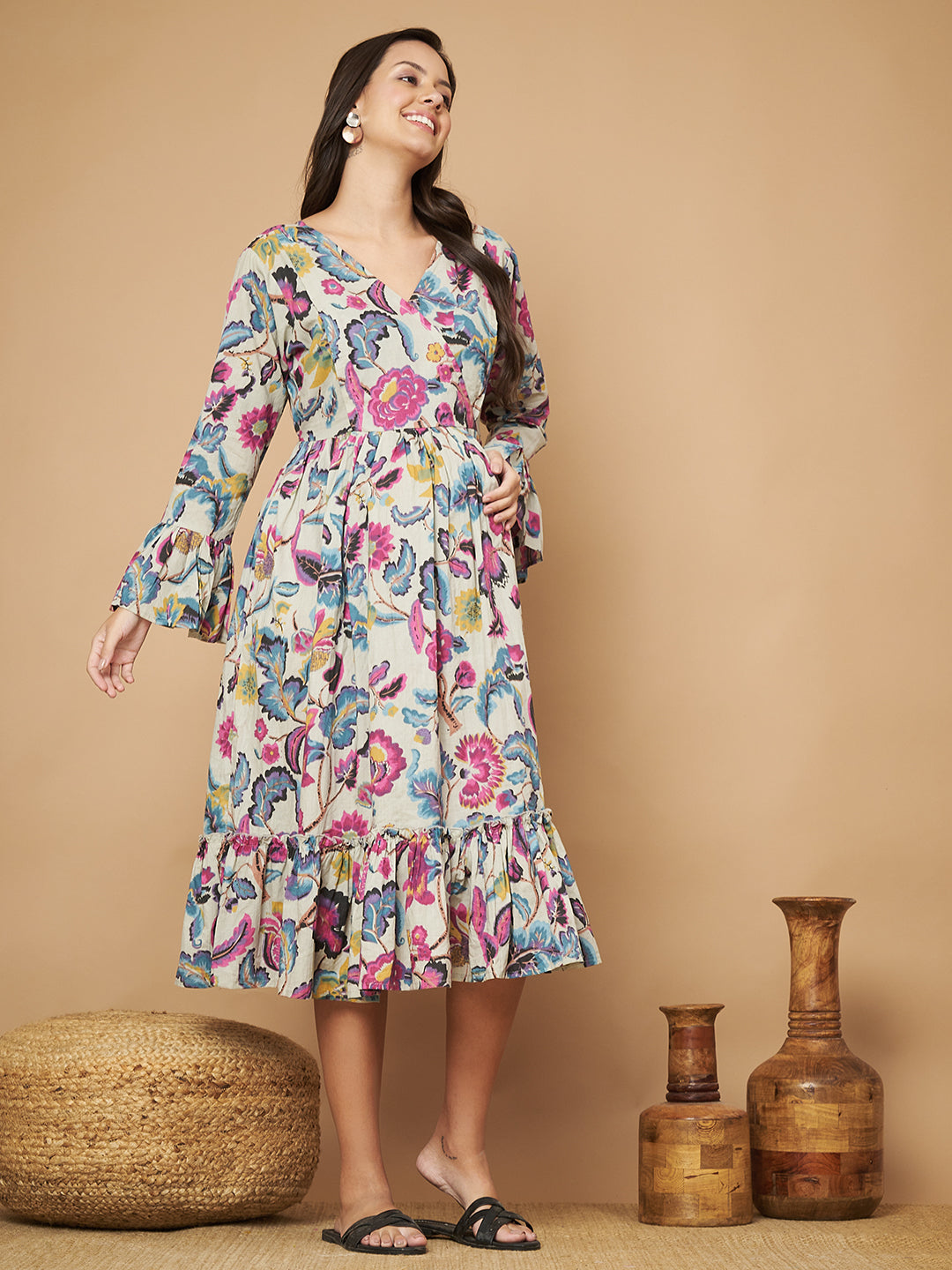 Women Floral Print Bell Sleeve Maternity Fit & Flare Maxi Dress
