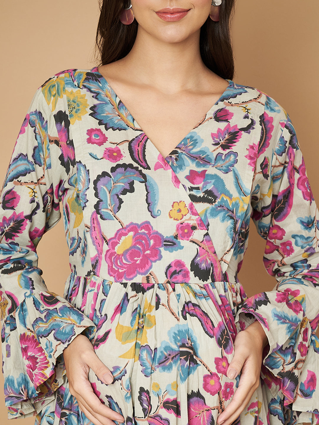 Women Floral Print Bell Sleeve Maternity Fit & Flare Maxi Dress