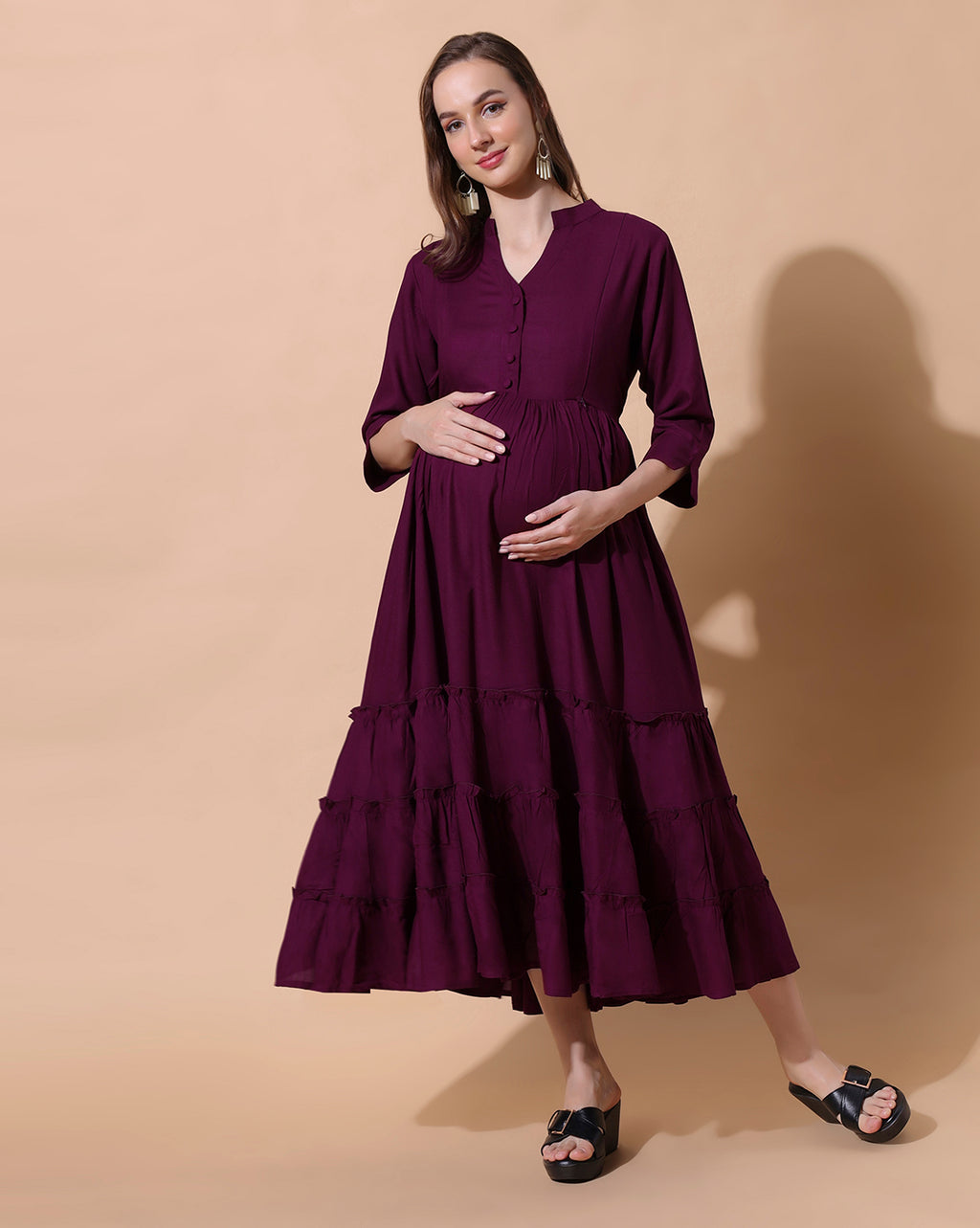 Mandarin Collar Tiered Detail Maternity Fit and Flare Midi Dress