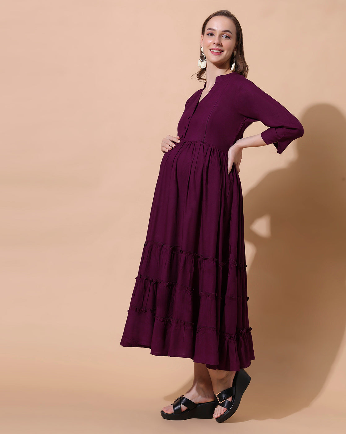 Mandarin Collar Tiered Detail Maternity Fit and Flare Midi Dress
