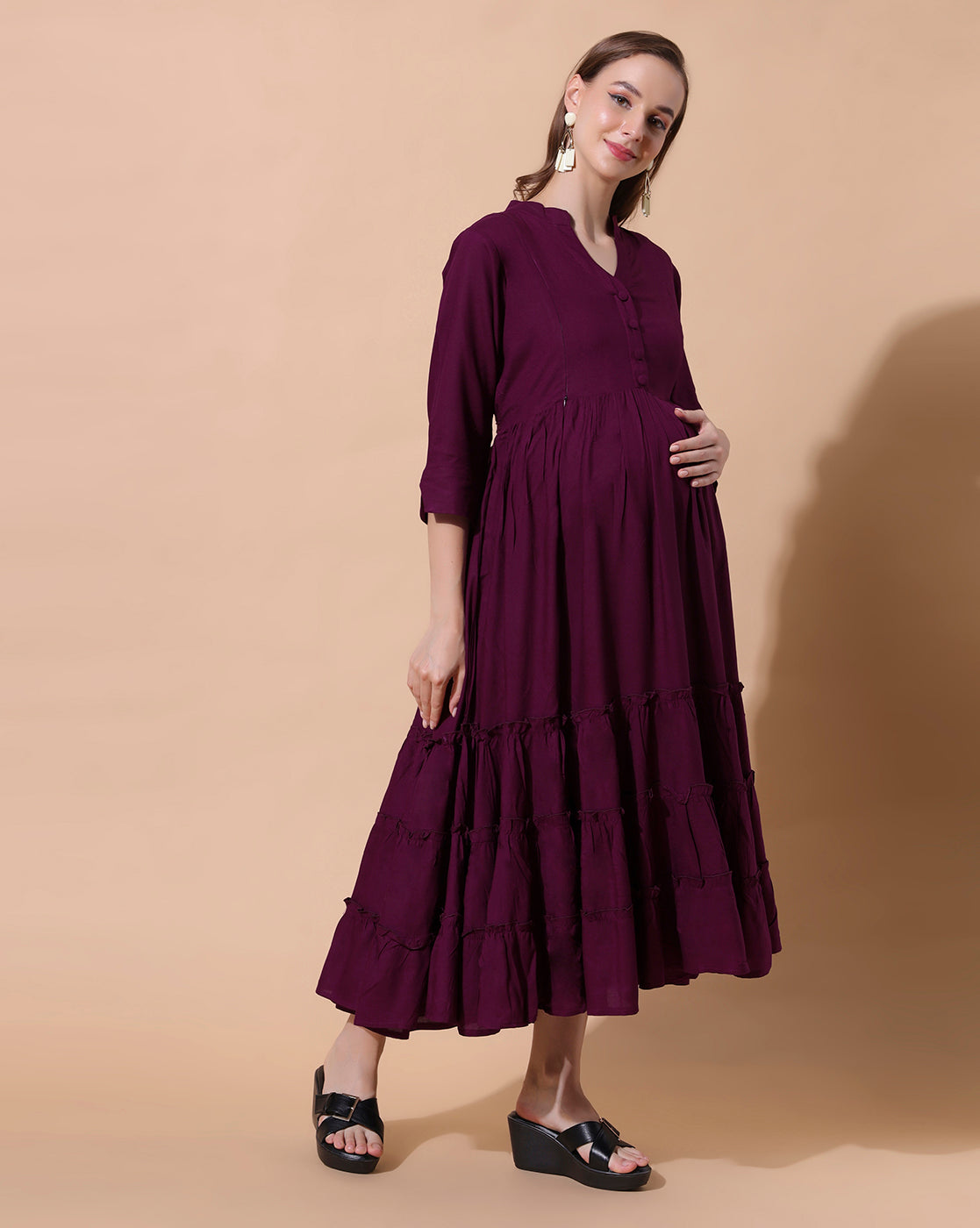 Mandarin Collar Tiered Detail Maternity Fit and Flare Midi Dress