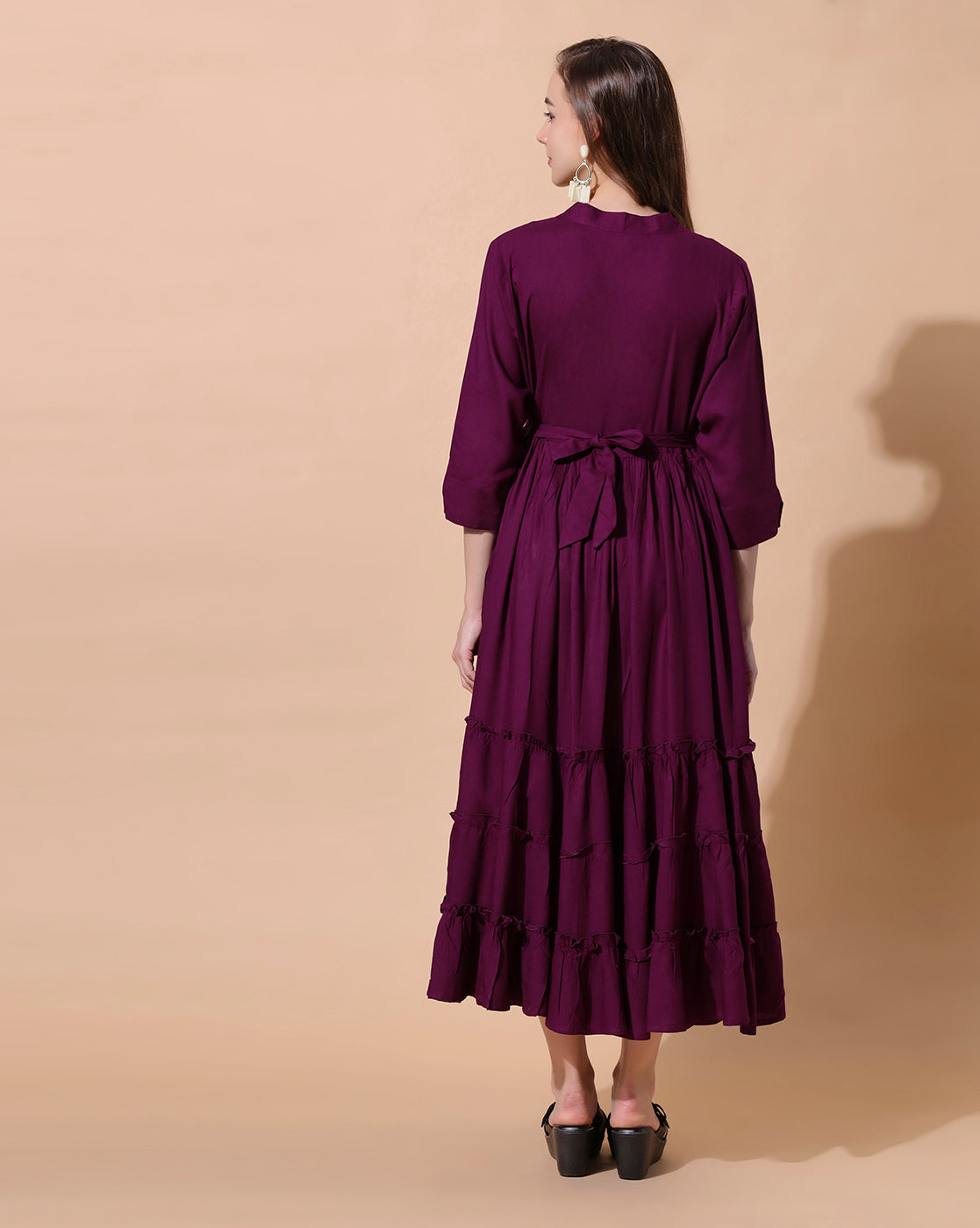 Mandarin Collar Tiered Detail Maternity Fit and Flare Midi Dress