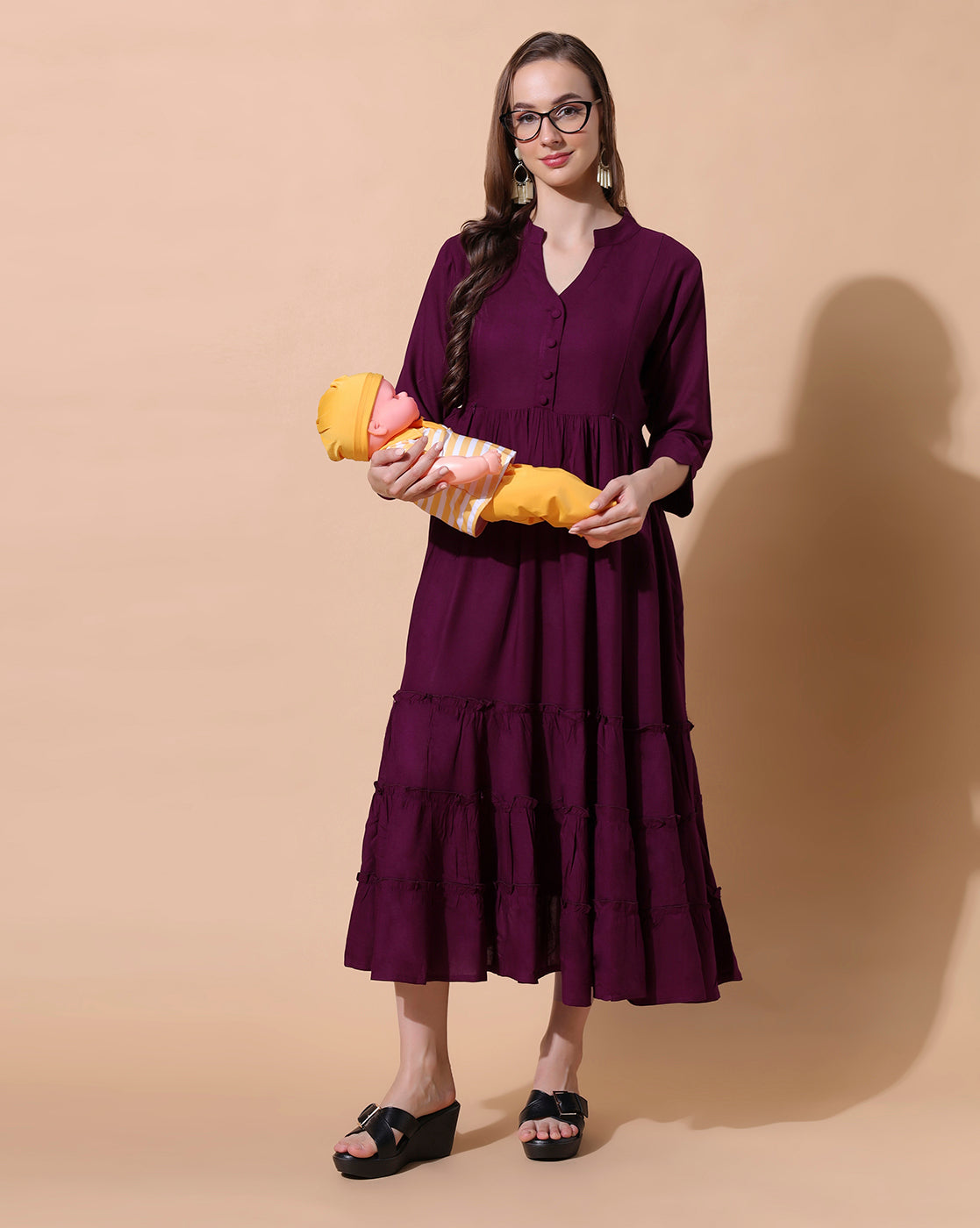 Mandarin Collar Tiered Detail Maternity Fit and Flare Midi Dress