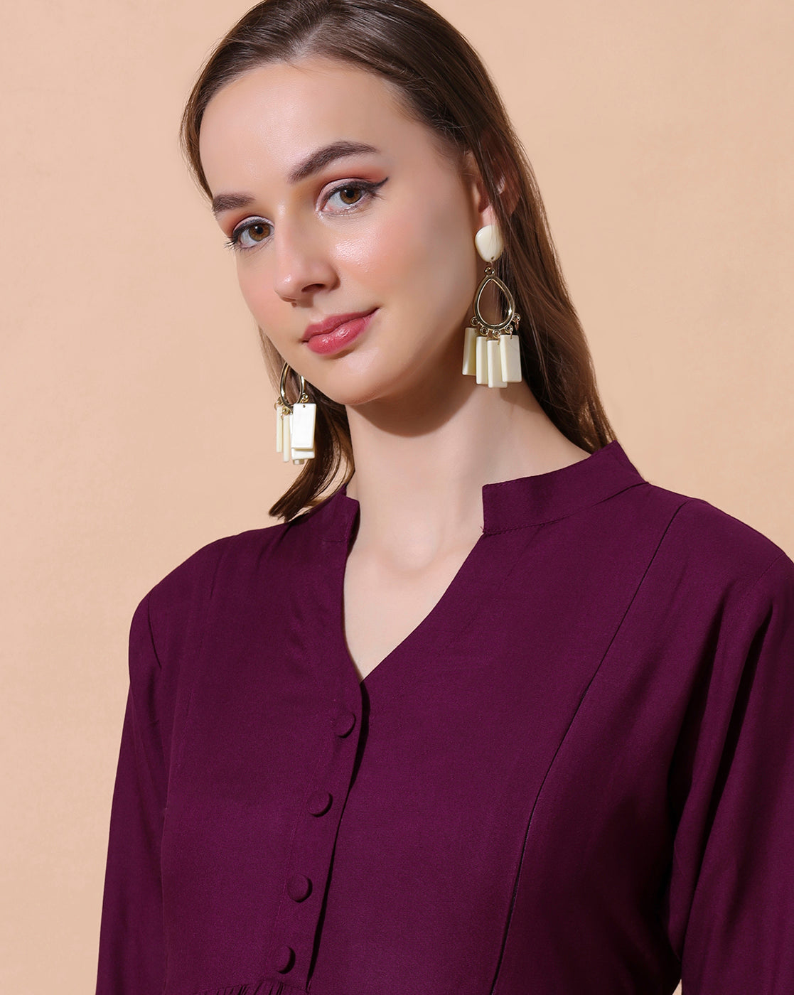 Mandarin Collar Tiered Detail Maternity Fit and Flare Midi Dress