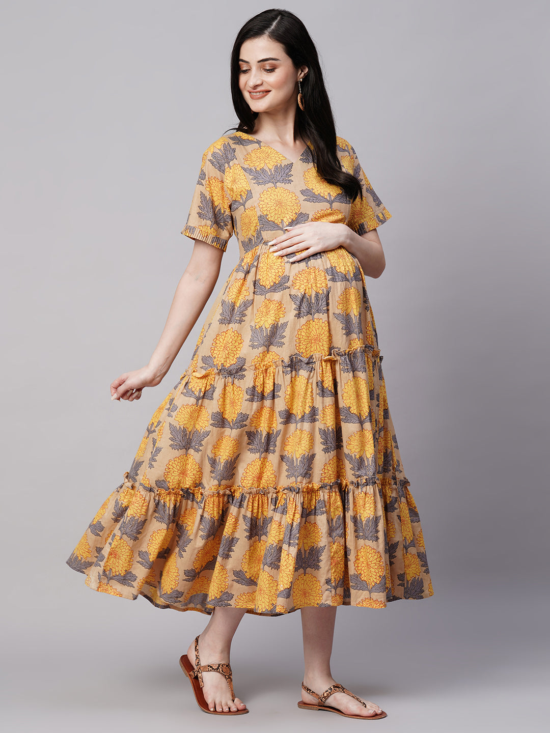 Florals Print Gathered Detail Cotton Maternity Fit and Flare Dress