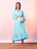 Women Maternity V Neck Bell Sleeve Tiered Fit & Flare Maxi Dress
