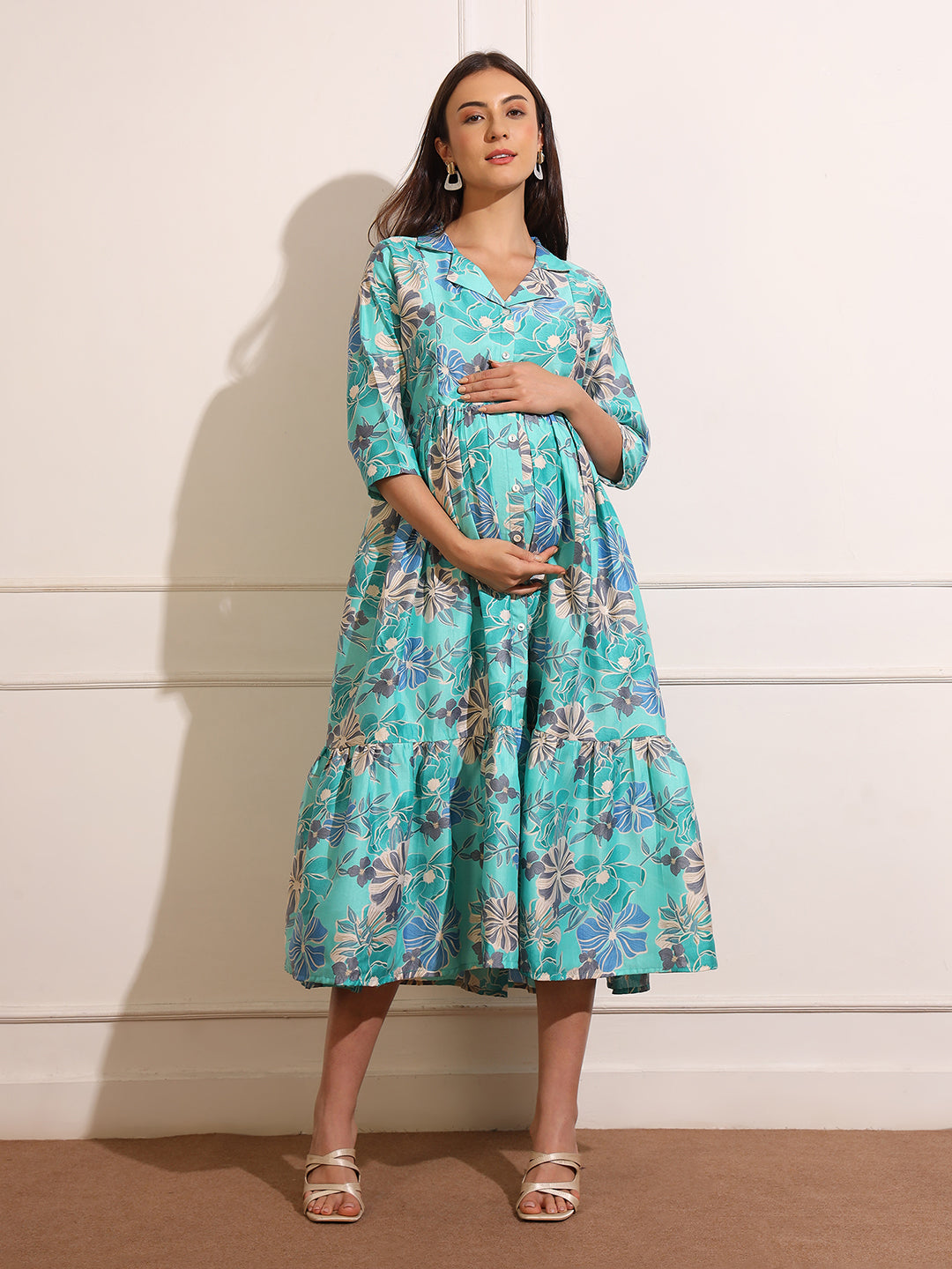 Women Floral Printed Shirt Collar Maternity Fit and Flare Midi Dress