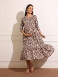 Florals Print Gathered Detail Cotton Maternity Fit and Flare Dress