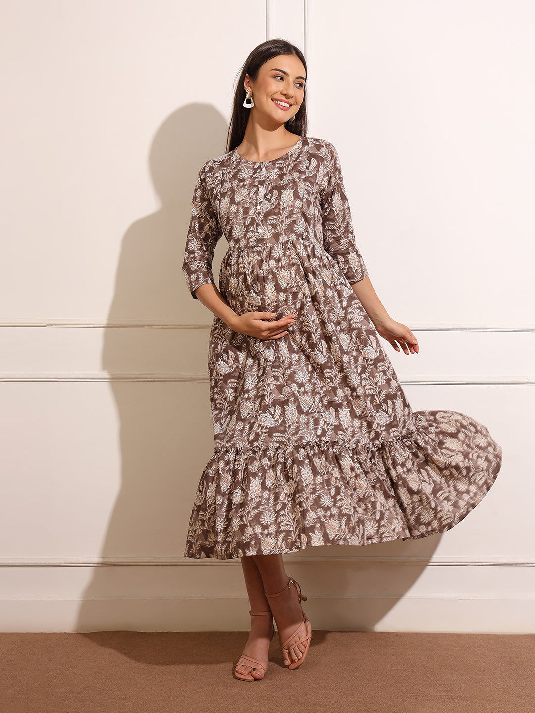 Florals Print Gathered Detail Cotton Maternity Fit and Flare Dress