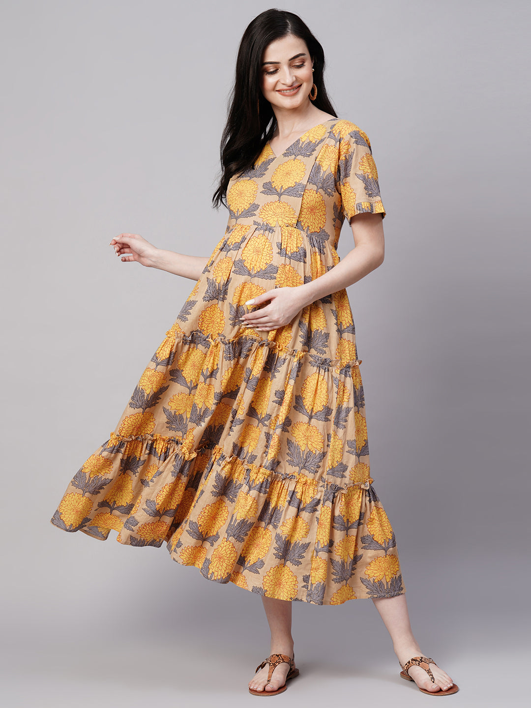Florals Print Gathered Detail Cotton Maternity Fit and Flare Dress