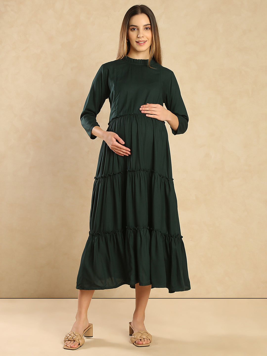 Maternity Fit & Flare Tiered Midi Dress Solid Color Maternity Midi Dress