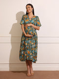Floral Print Maternity Slit Fit & Flare Midi Dress