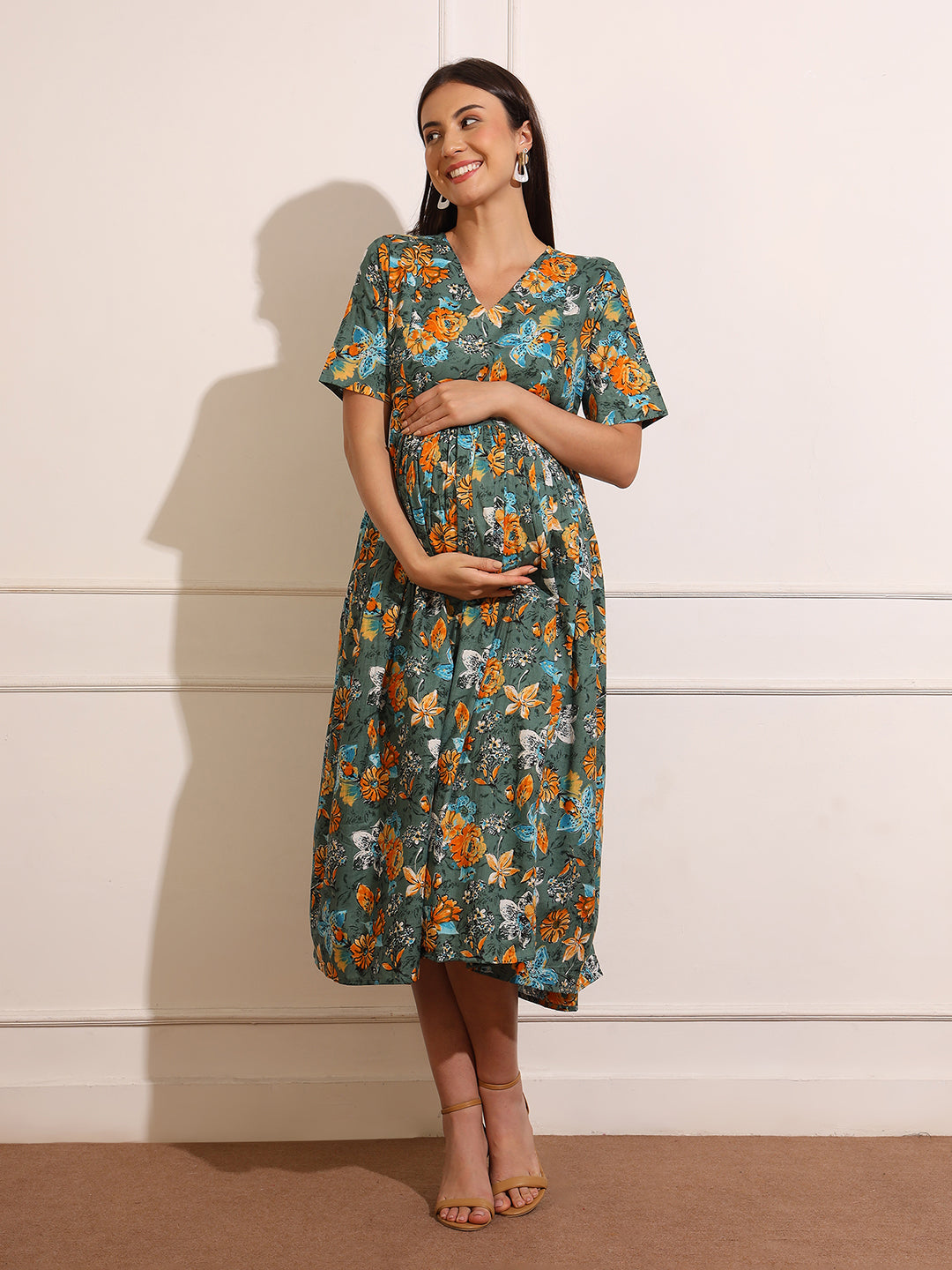 Floral Print Maternity Slit Fit & Flare Midi Dress