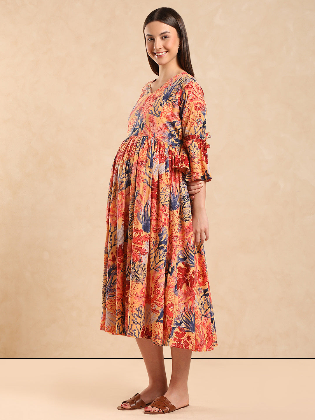 Printed Pure Cotton Maternity Fit & Flare Midi Dress