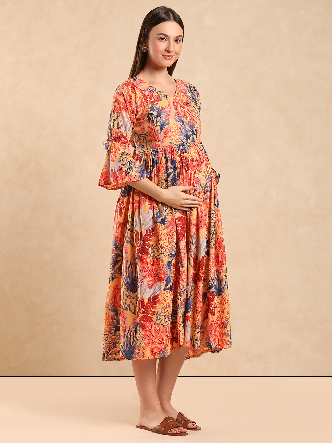 Printed Pure Cotton Maternity Fit & Flare Midi Dress