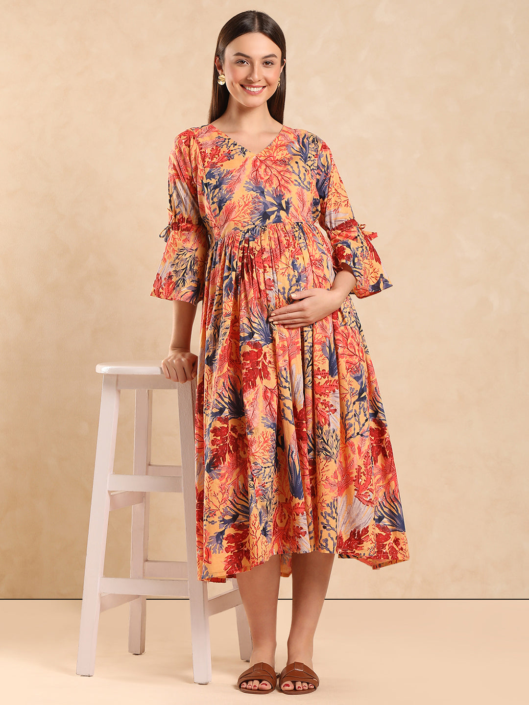 Printed Pure Cotton Maternity Fit & Flare Midi Dress