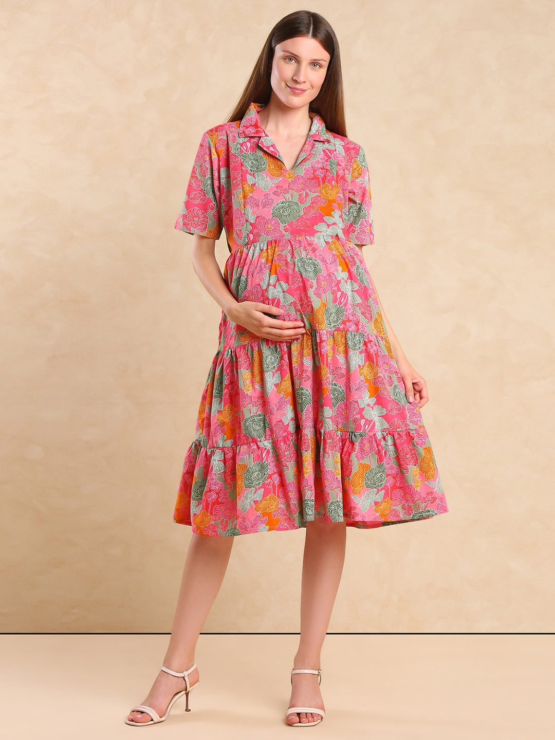 Women Cotton Floral Printed Maternity Fit & Flare Dress