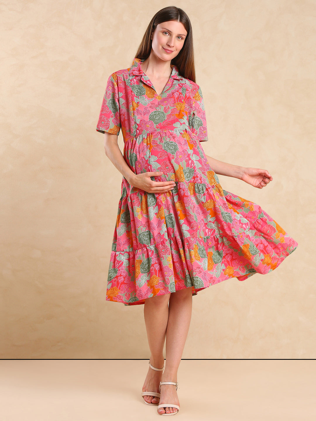 Women Cotton Floral Printed Maternity Fit & Flare Dress