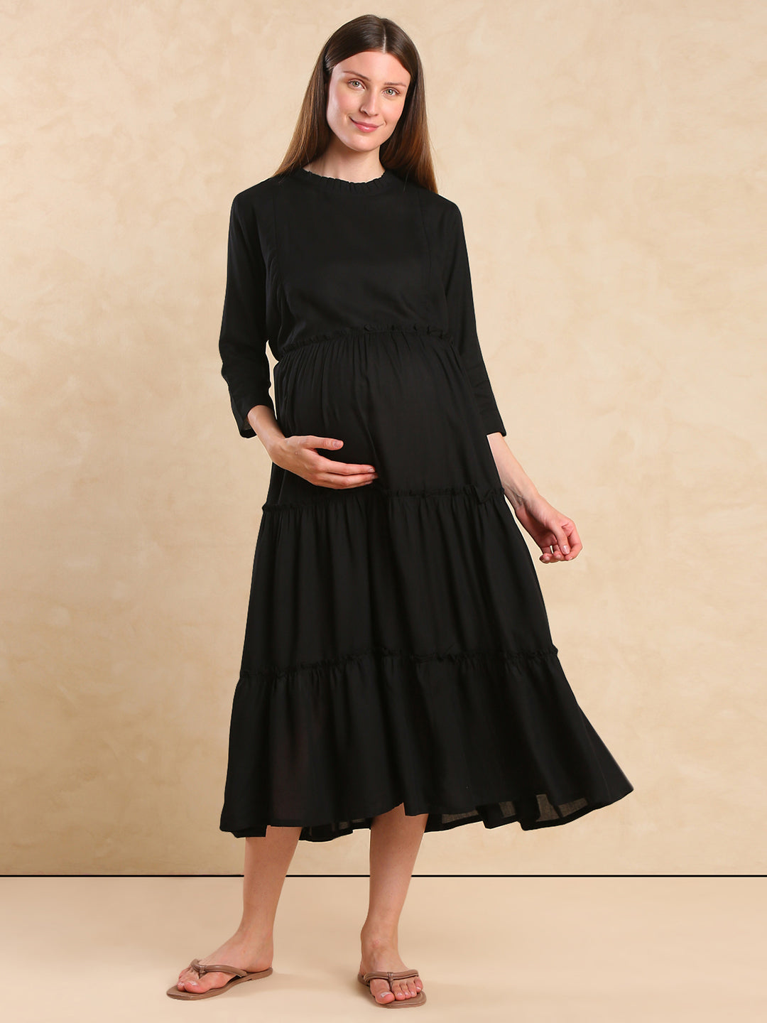 Women Mock Neck Maternity Fit & Flare Midi Dress Easy Nursing with Elegant Look