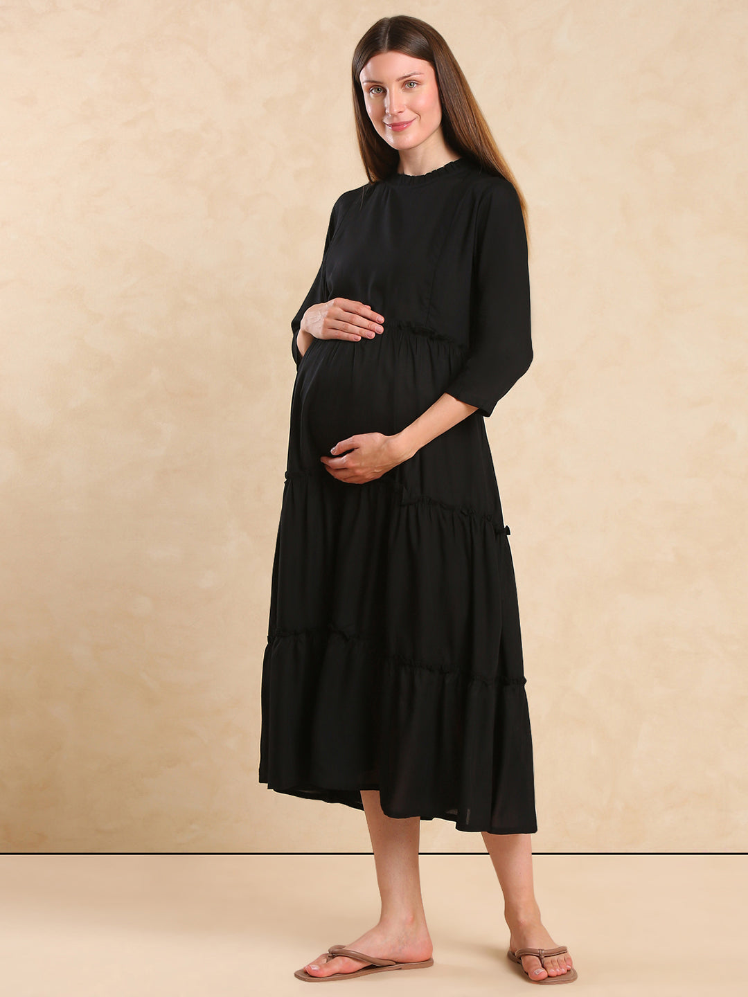 Women Mock Neck Maternity Fit & Flare Midi Dress Easy Nursing with Elegant Look