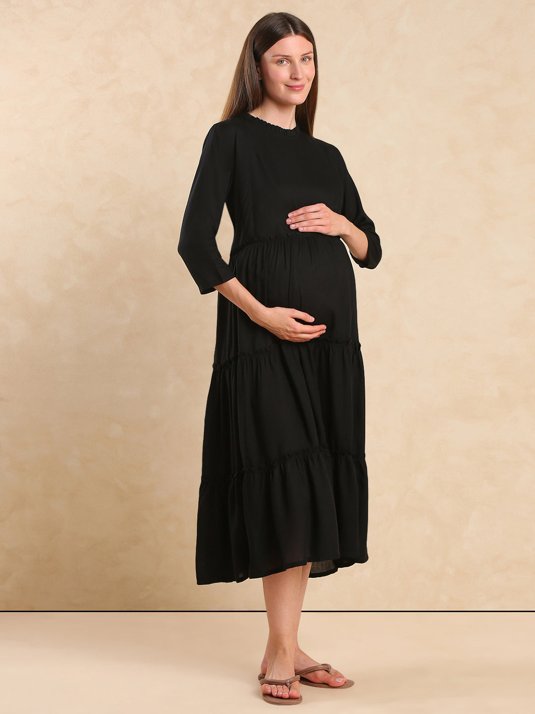 Women Mock Neck Maternity Fit & Flare Midi Dress Easy Nursing with Elegant Look