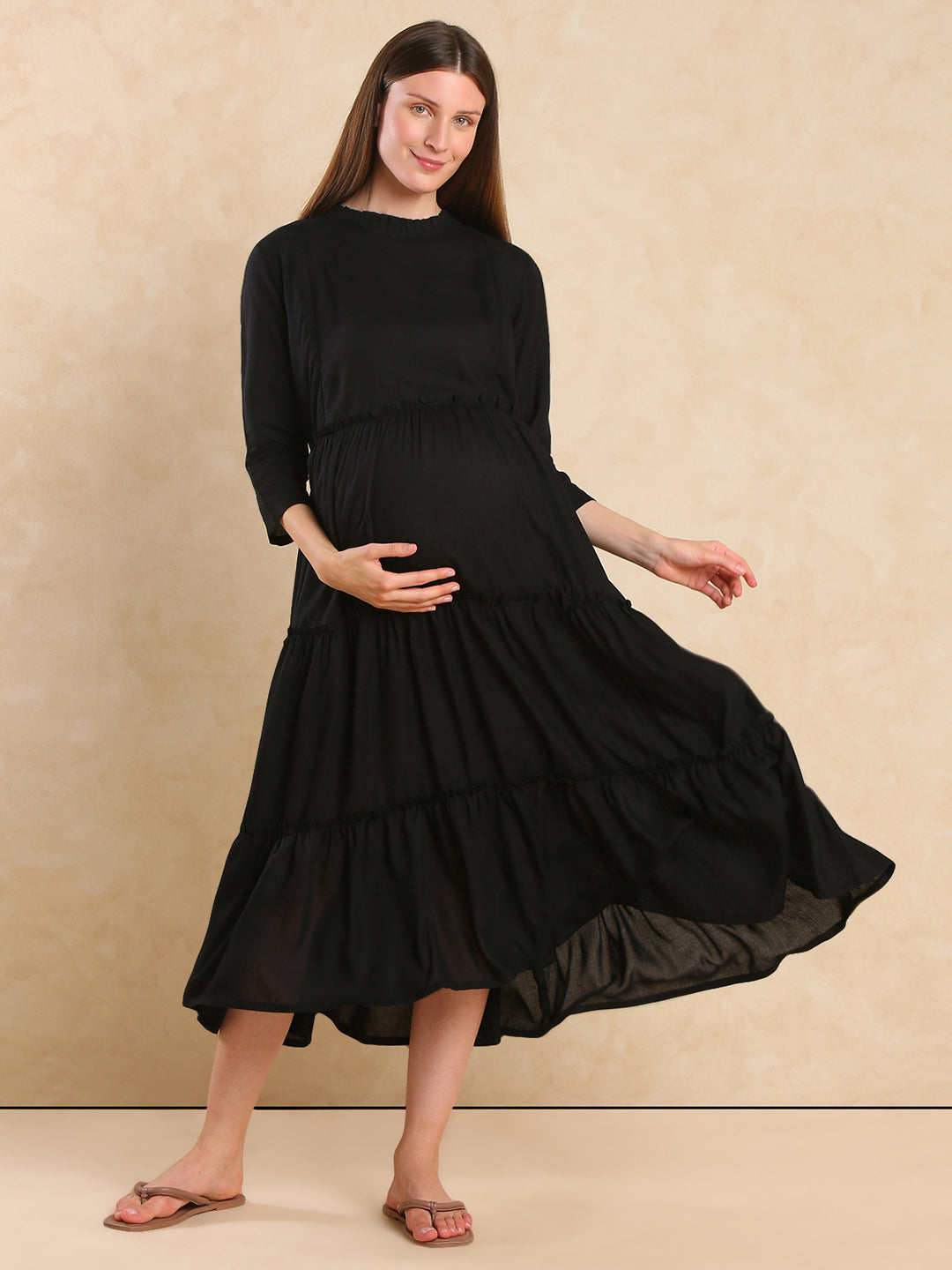 Women Mock Neck Maternity Fit & Flare Midi Dress Easy Nursing with Elegant Look