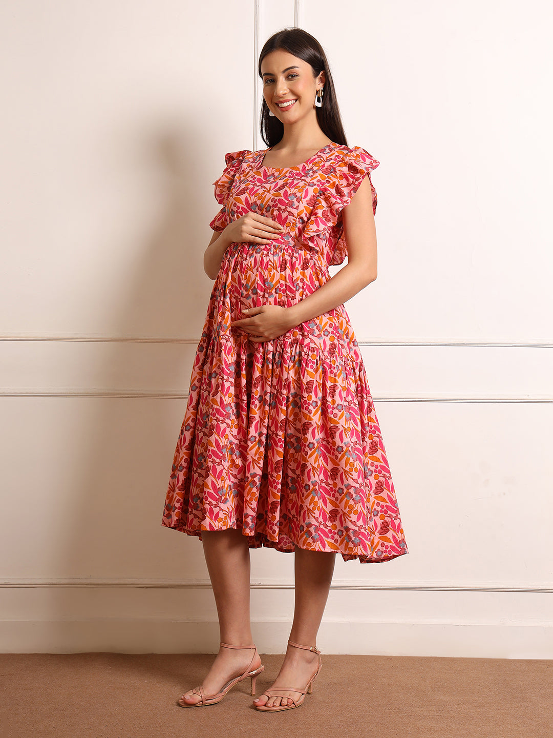 Women Floral Print Flared Sleeve Maternity Fit & Flare Midi Dress