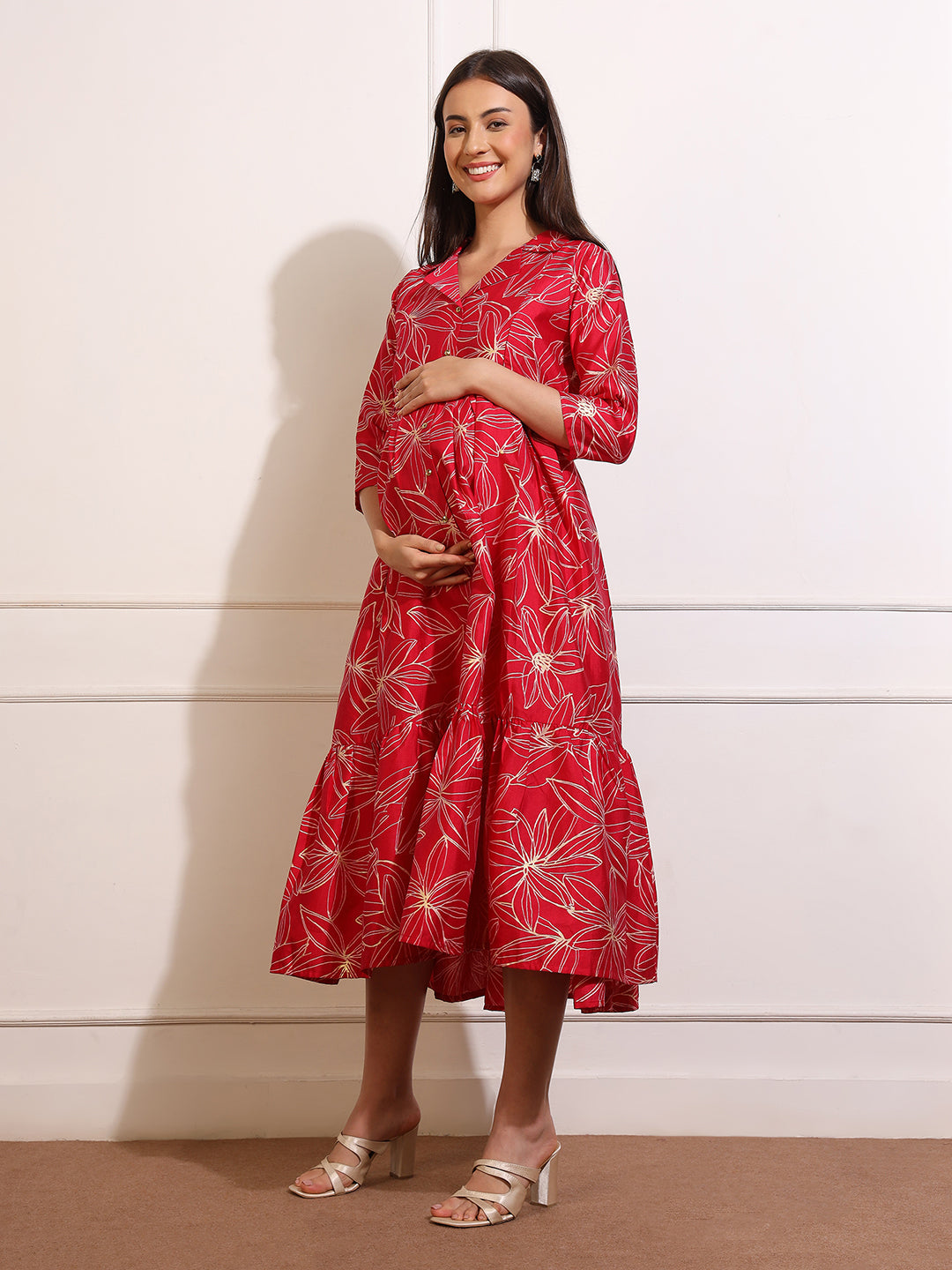 Printed Maternity Dress with Hidden Zipper – Ideal for Baby Shower & Photoshoots