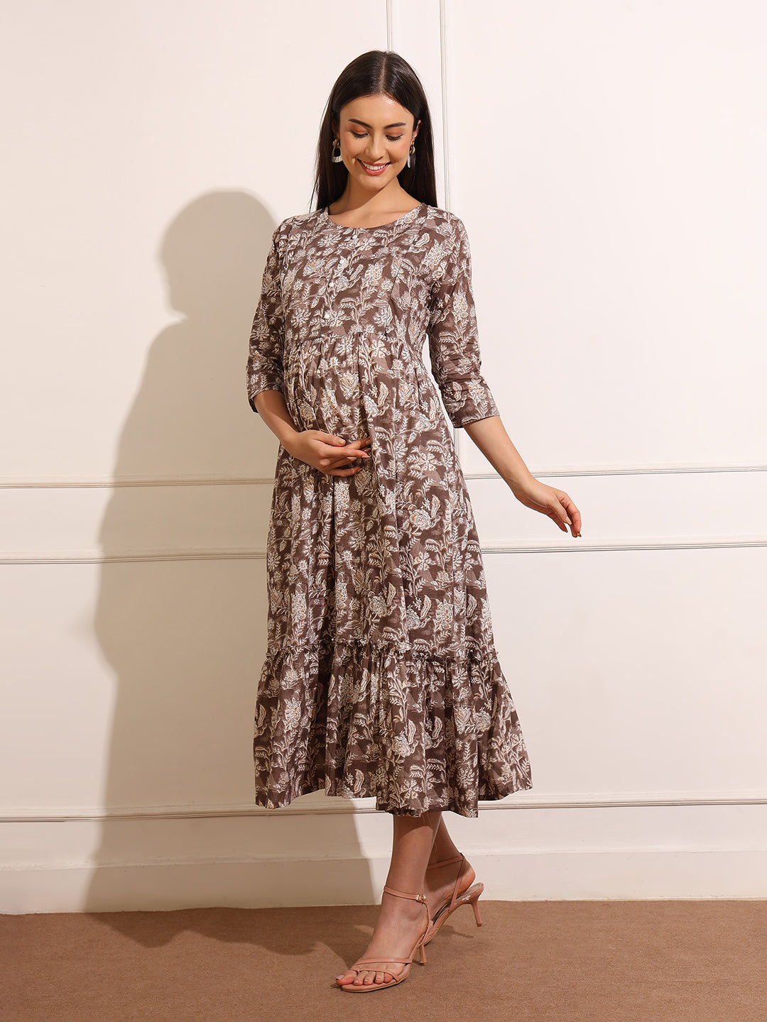 Florals Print Gathered Detail Cotton Maternity Fit and Flare Dress
