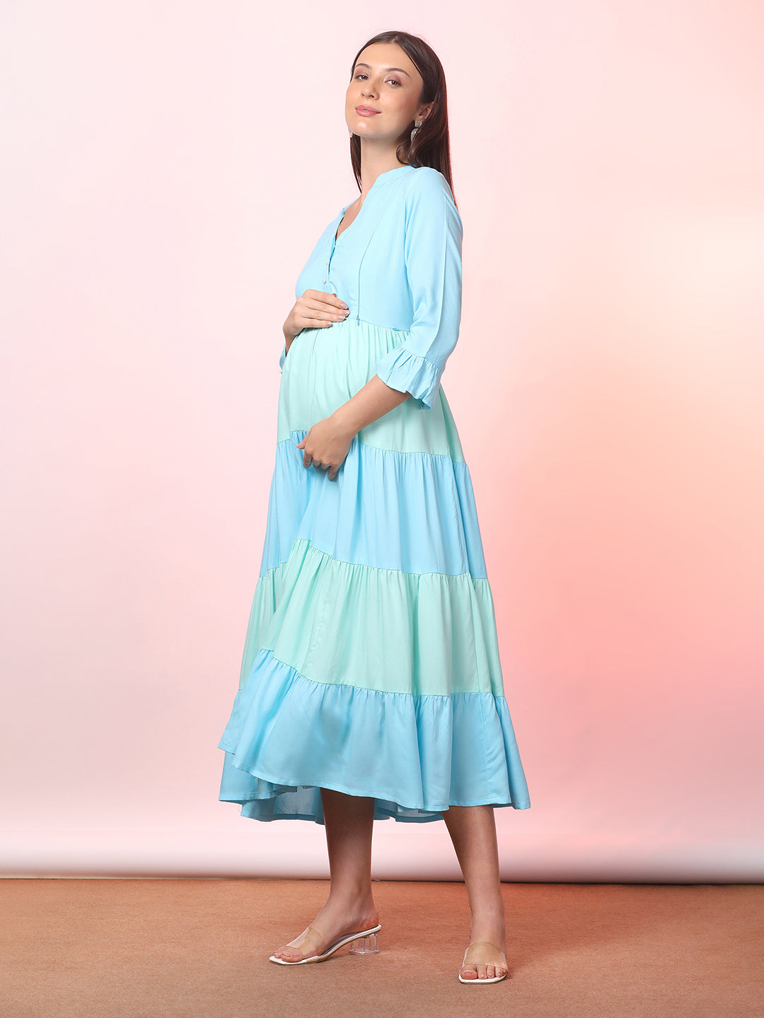 Women Maternity V Neck Bell Sleeve Tiered Fit & Flare Maxi Dress