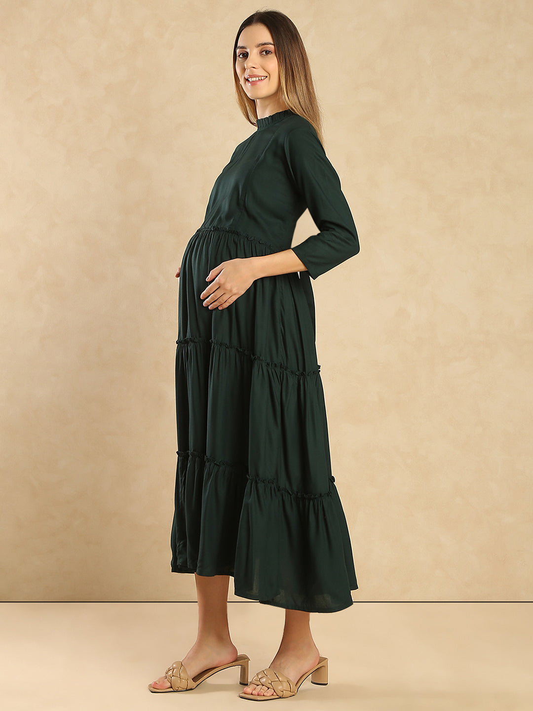 Maternity Fit & Flare Tiered Midi Dress Solid Color Maternity Midi Dress