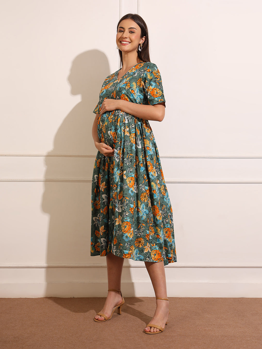 Floral Print Maternity Slit Fit & Flare Midi Dress